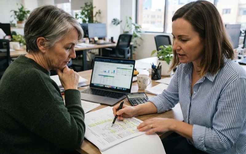 A person sitting across a desk from a mortgage broker reviewing paperwork and a laptop showing loan comparisons