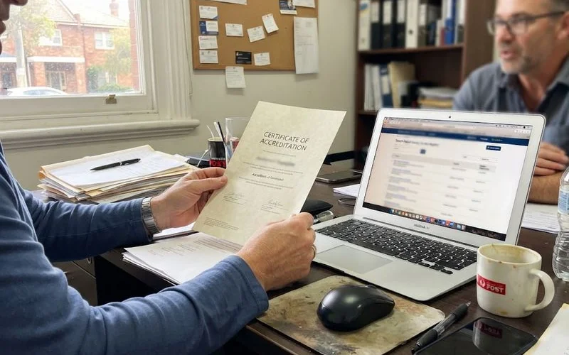 A magnifying glass hovering over a document with a checklist, representing checking a broker's credentials