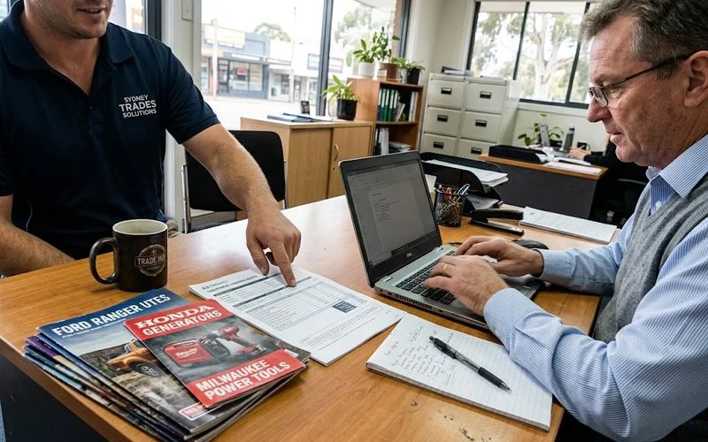 A tradie standing next to a new work van with a clipboard, representing equipment finance for a small business