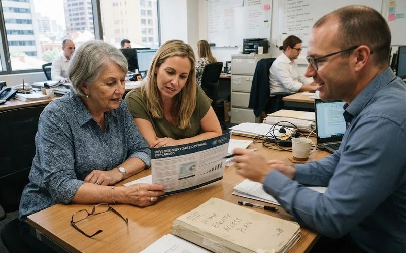 An adult child sitting with a parent, both reviewing paperwork together with a cup of tea on the table