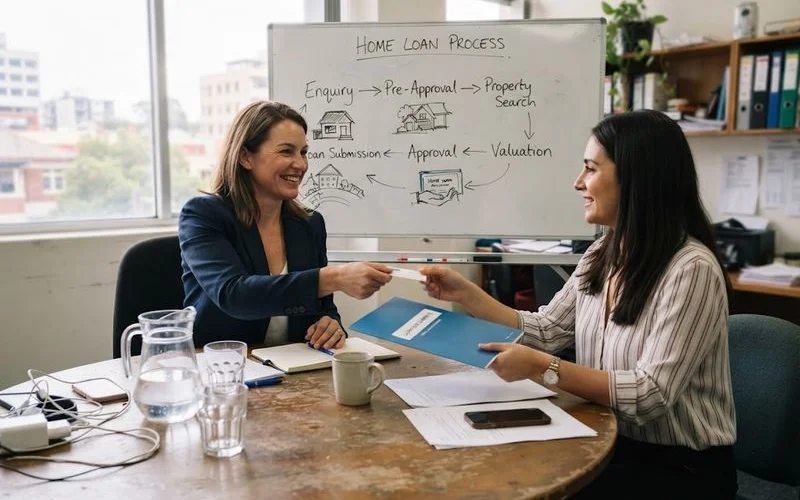 A broker and a client sitting at a table with a laptop open, papers spread out, having a conversation