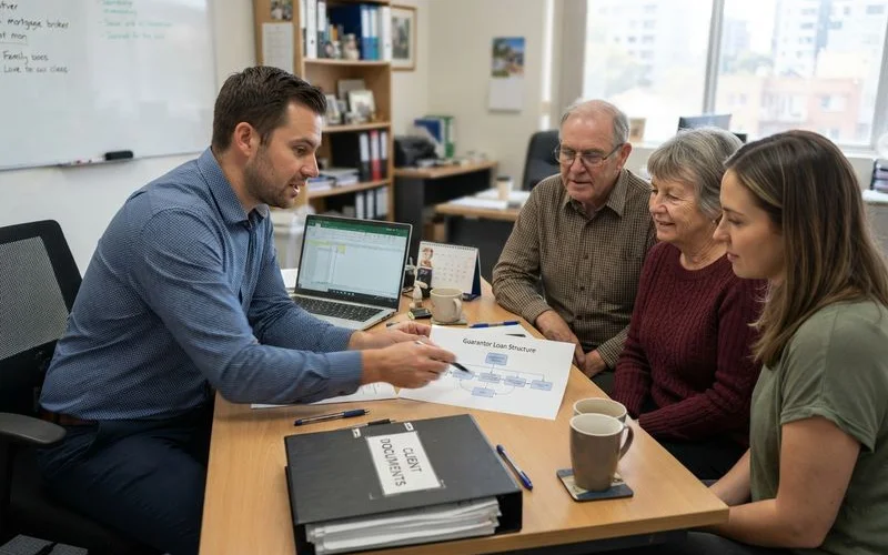 A parent and adult child reviewing a home loan guarantee document together at a kitchen table