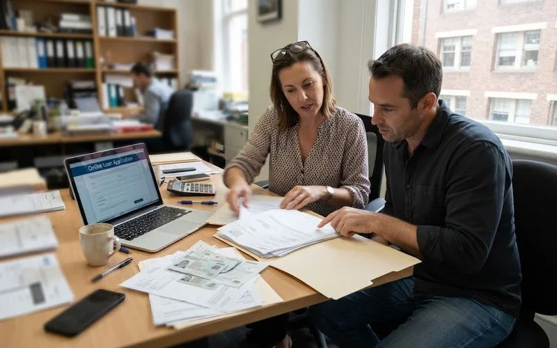 A person organising a folder of payslips, bank statements and identification documents on a desk